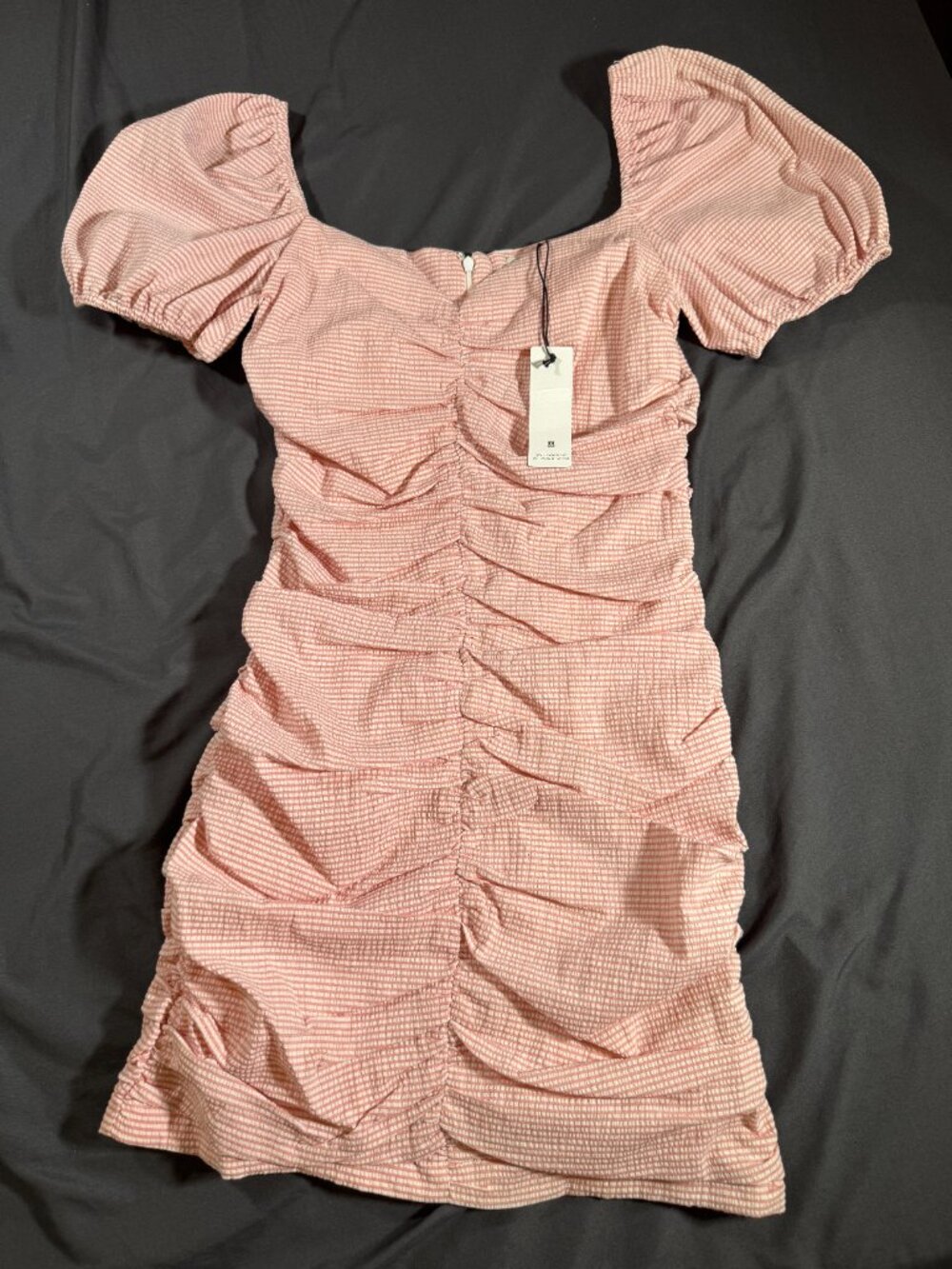 Willow & Clay Pink Seersucker Ruched Puff Sleeve Bodycon Mini Dress Womens M NWT - Picture 3 of 10